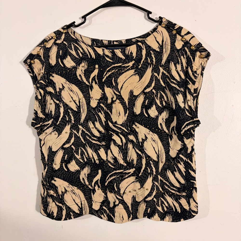 French Connection Blouse Womens 0 Black Cream Abstract Studded Top Print